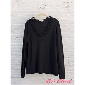 Worthington Lightweight Knit Sweater Women's Black Ruffled V Neck Long Sleeve 1X